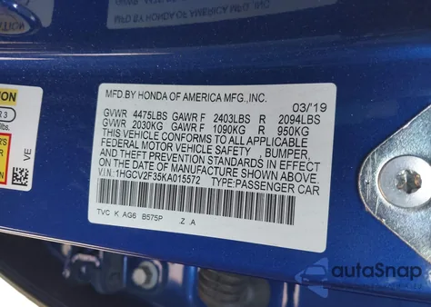 2019 Honda Accord Sport 2.0T from USA, damaged, VIN 1HGCV2F35KA015572